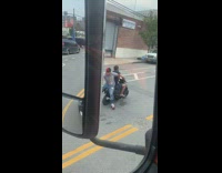 Two guys blue scooter platform cart truck 