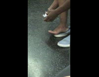 Collab Subway Creatures - Man takes off shoes and clips toenails with pliers nail clippers