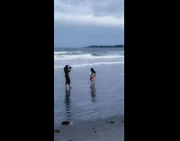 Woman sleeves stanky legs dance beach seaside