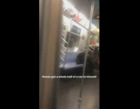 Man with cart full of trashbags has whole side of subway train to himself
