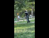Guy picks up nerf gun then rides off on segway