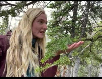 Woman talks and the bird flies to her shoulder