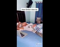 Guy falls asleep during online class laptop 