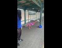 Collab winy - Pink camouflage print grandpa balances on arms 