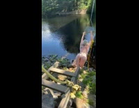 Bikini girl rope swing fail lake hill 