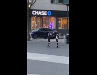 Black power ranger costume sidewalk chase bank 
