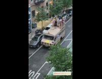 People dance wood platform bus panda mask 