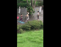 Mother yoga pose blue mat park tree