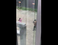 Woman pink coat red pants tiktok dance video shoot