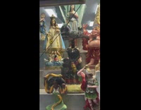 Pigeon sits on statue inside store window 