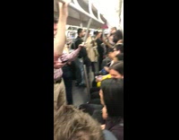 Woman reads off tablet while small dog sleeps in her purse on subway train