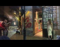 Woman dress pose beside black gate graffiti