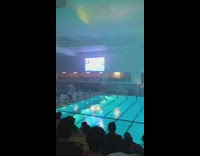 Divers dive into indoor swimming pool from very tall platform