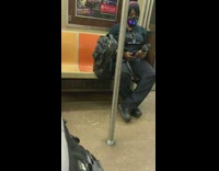 Lady wears LED mask with different colors 