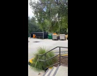 Guy approaches raccoon in green dumpster and it jumps at him