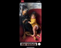 Yellow onesie baby girl hugs large dog