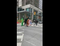 Five people animal costume dance middle of street