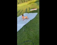 Collab SendItOfficiall - Girl slip n slide crashes into table 
