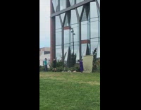 Guy purple long coat building mirror grass