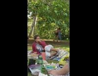 Two girls workout video picnic park tripod part 2