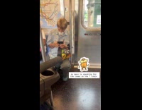 Man with bear on subway lorax look alike 