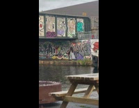 Woman dances under graffiti bridge while dog watches