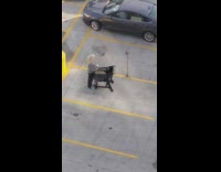 Guy hit by shopping cart drop stuff