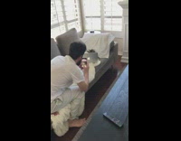 Guy record sleeping cat Mac laptop couch