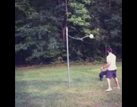 man plays tetherball with black dog in cone