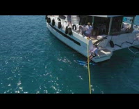 Black shorts guy blue waterski boat fail 