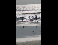 Girl walks down beach shore 