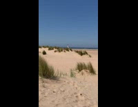 Girl white dress stand beach blue sky