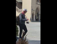 Denim jacket girl brown building white columns 