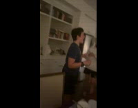 Guy hits arm to flick whipped cream into mouth 