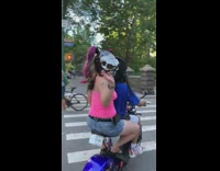 Guy girl ride blue motorcycle skull mask 