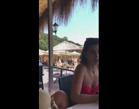 Woman bikini cardigan walk and dance beach