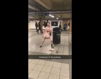 Creatures of the subway weird skin suit pregnant woman on platform