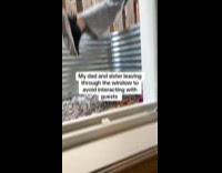 Dad leaving through window avoiding guests interactions
