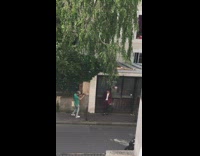 Man white shirt sidewalk pictorial garbage truck Part 2