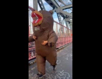 Random person inflatable bear runs on bridge