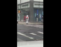Silver astronaut costume  waits to cross street
