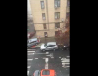 Random cars drives over sidewalk avoid traffic