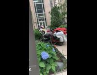 Guy plays the french horn on park bench