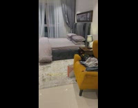 Lady finds cat laying by pillows bed 