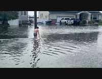 Man shirtless returns dog from flooded street