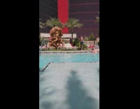 Woman in bikini kneels in front of the woman head statue