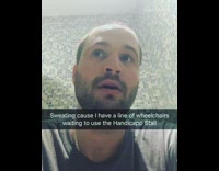 man in handicap stall with people waiting outside. Sweating because i have a line of wheelchairs waiting to use the handicap stall