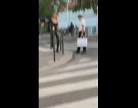 Woman in black dress and handbag at the sidewalk