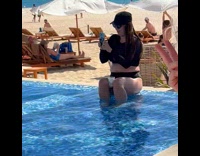 Man blue brief dance walk at pool