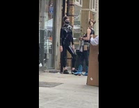 Girl black latex bodysuit face mask sidewalk 